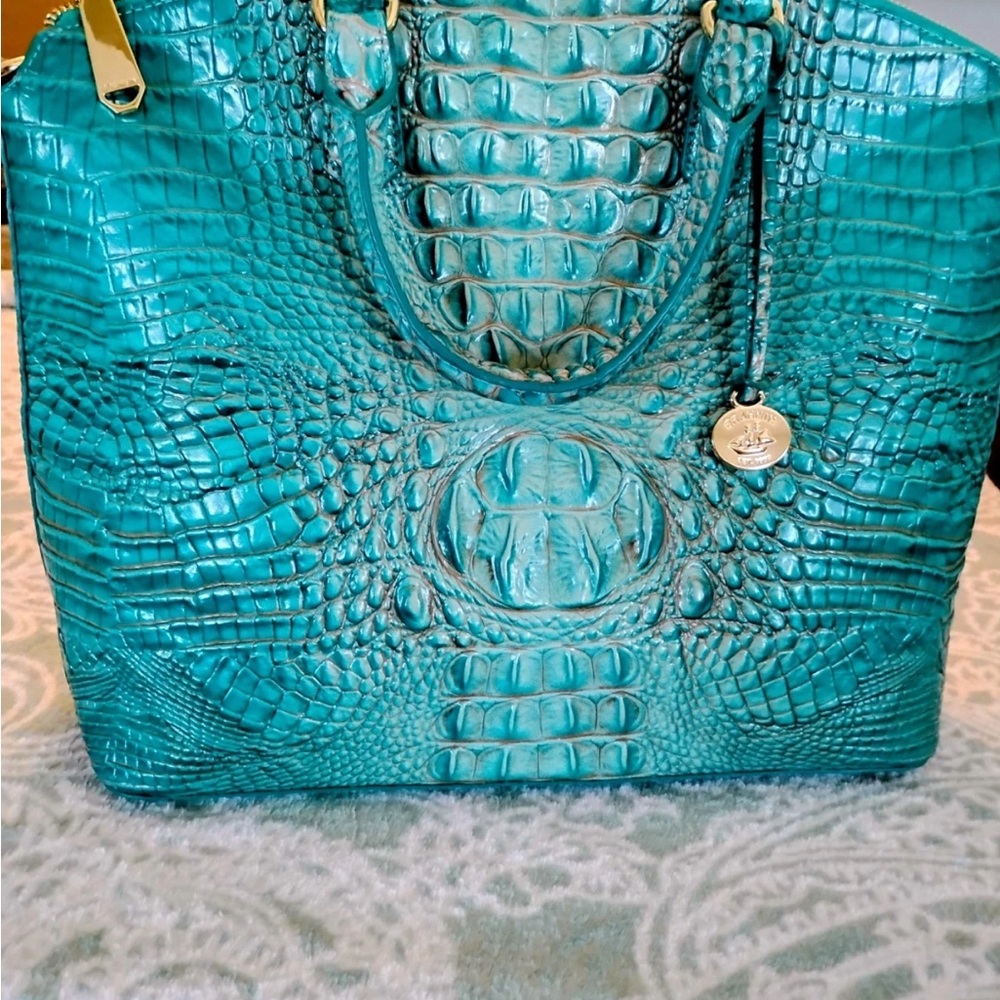 Brahmin Teal Croc-Embossed Satchel with Gold Charm